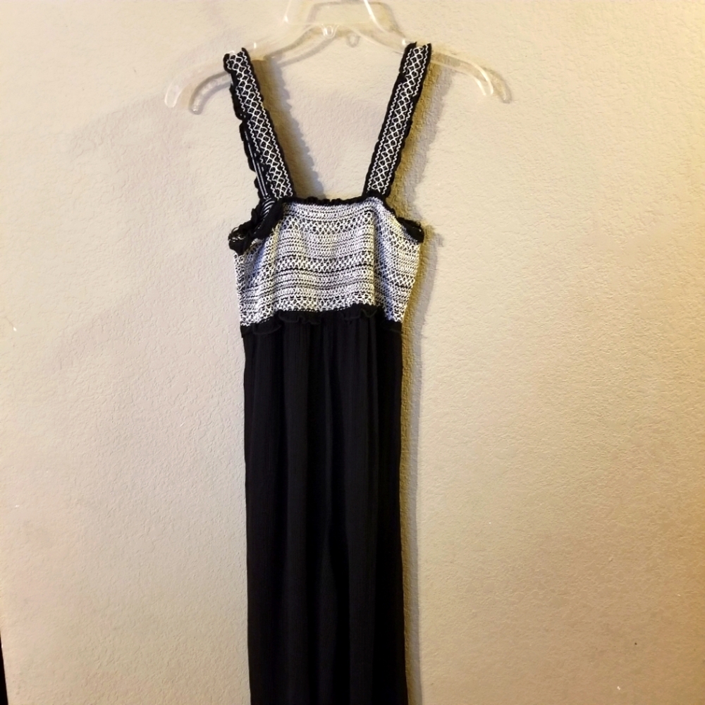 Miami Womens Black Sleeveless Jumpsuit White Smocking on Top Size Medium
